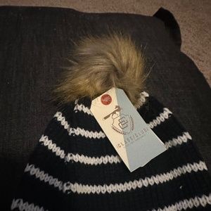 Navy Blue and White Stripe Knit Toddler Hat with Fur tassel.  New with tags.